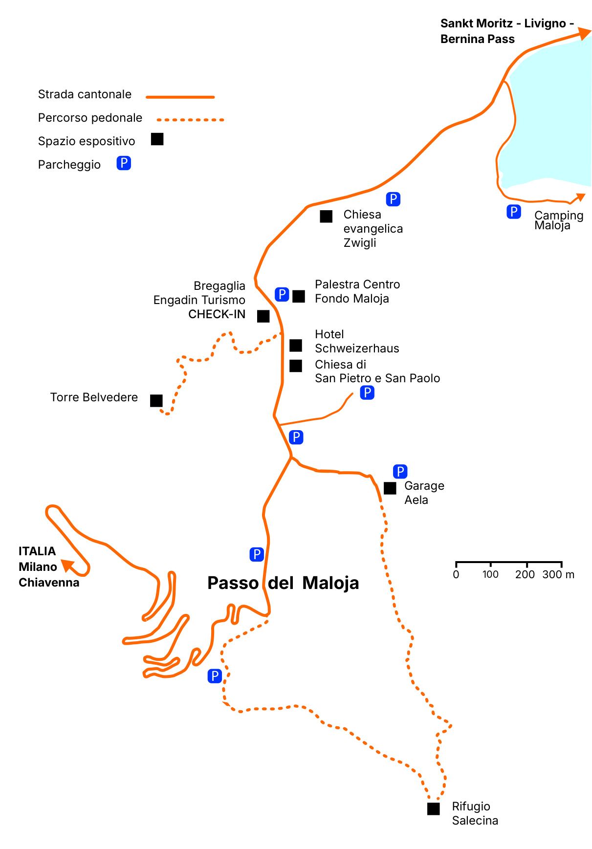 Questo PDF è la mappa orientativa di Maloja per NoPlace #5: aiuta i partecipanti a individuare gli spazi dell'evento (chiese, palestra, hotel, torre, rifugio), i parcheggi e i percorsi pedonali o carrabili per raggiungerli il 19 settembre 2026. Serve come strumento pratico da consultare prima o durante la giornata per orientarsi tra i luoghi che ospitano le opere.